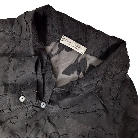 Jon & Anna Black Sheer Floral Burnout Blouse Large Long Sleeve Button-Up Shirt - Picture 1 of 6